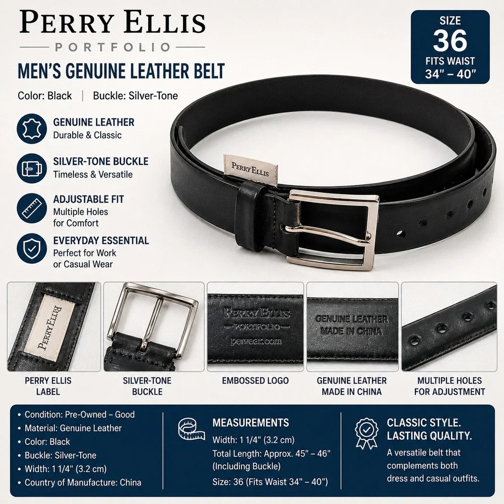 Perry Ellis Portfolio Mens Black Leather Belt Silver Tone Buckle Size 36 1P35114